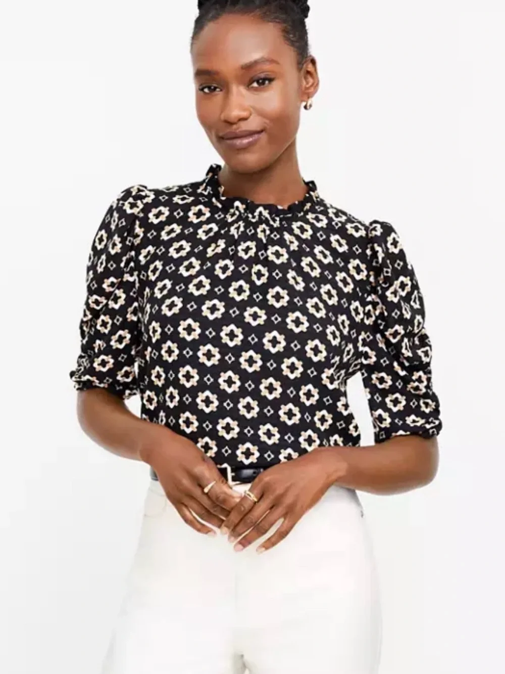 LOFT Black Floral Puff-Sleeve Mock-Neck Blouse